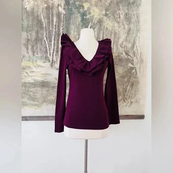 Anthropologie DOLAN Ruffled V-Neck Top in Wine Size Medium NWOT $78 - Picture 2 of 11